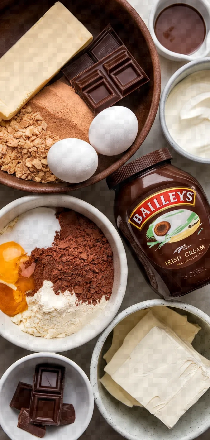 Ingredients photo for Baileys Brownie Cheesecake Recipe