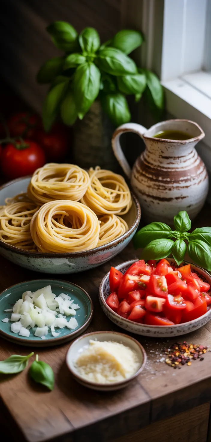 Ingredients photo for Creamy Basil Tomato Pasta Recipe