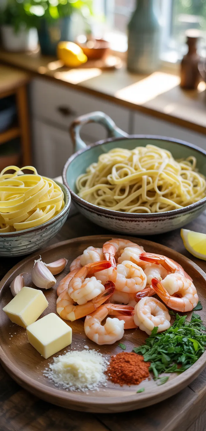 Ingredients photo for Garlic Butter Shrimp Pasta Recipe