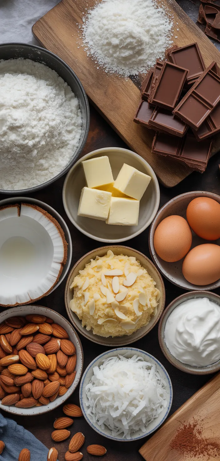Ingredients photo for Moist Almond Joy Cake With Coconut Cream Frosting Recipe