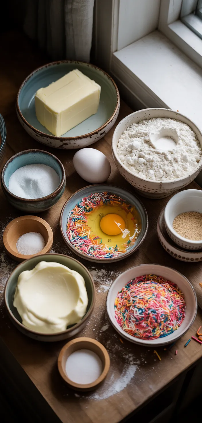 Ingredients photo for Funfetti Sandwich Cookies (with Cream Cheese Frosting) Recipe