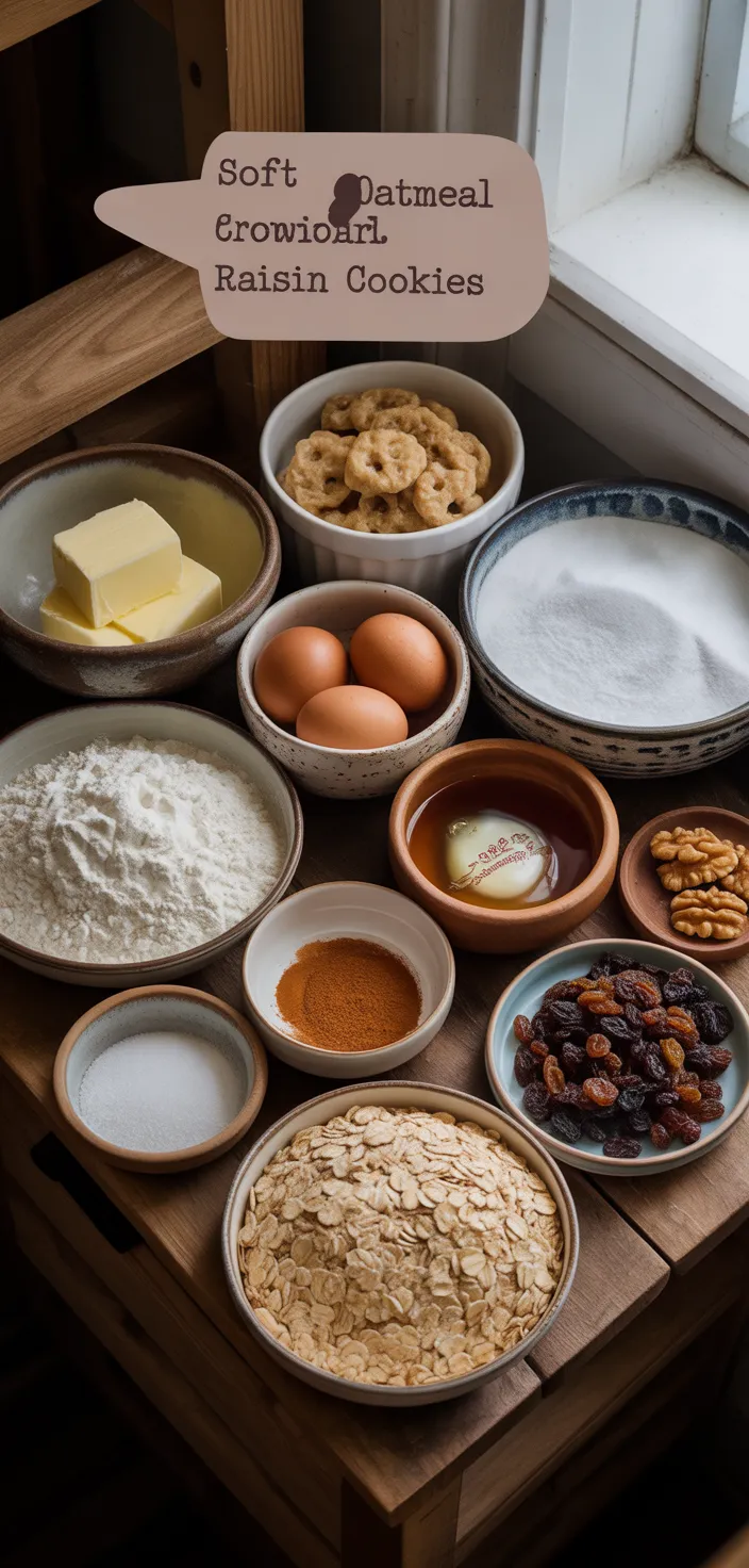Ingredients photo for Soft Oatmeal Raisin Cookies Recipe