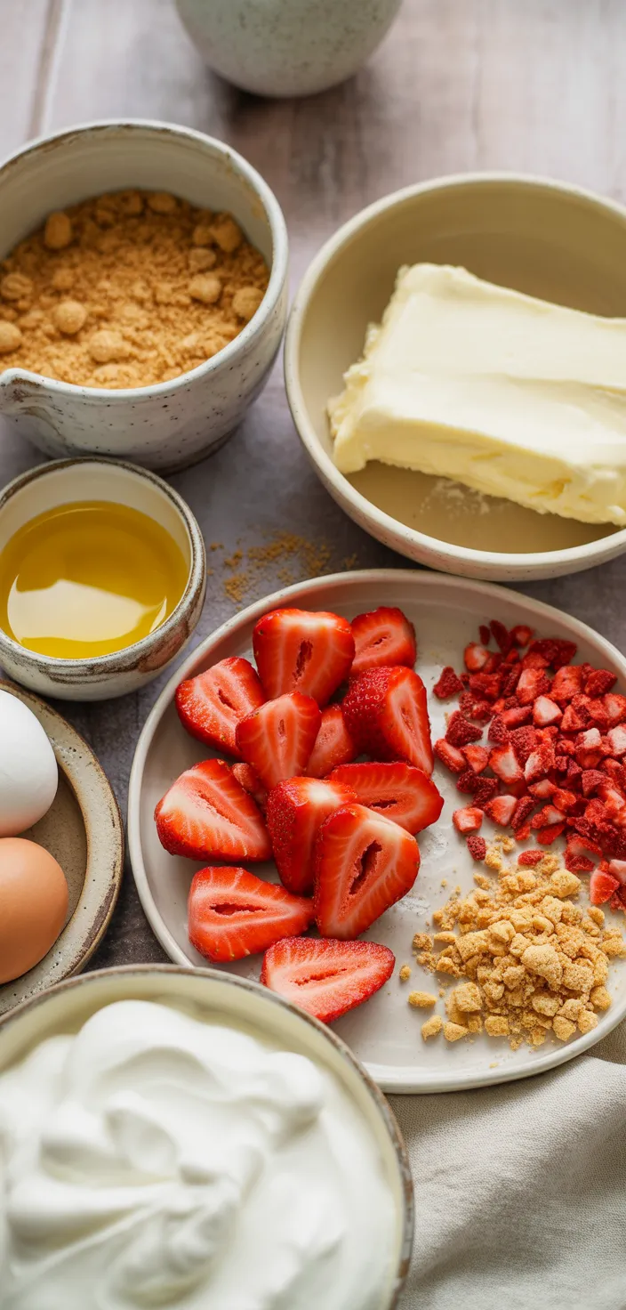 Ingredients photo for Strawberry Crunch Cheesecake Cake Recipe [Video]