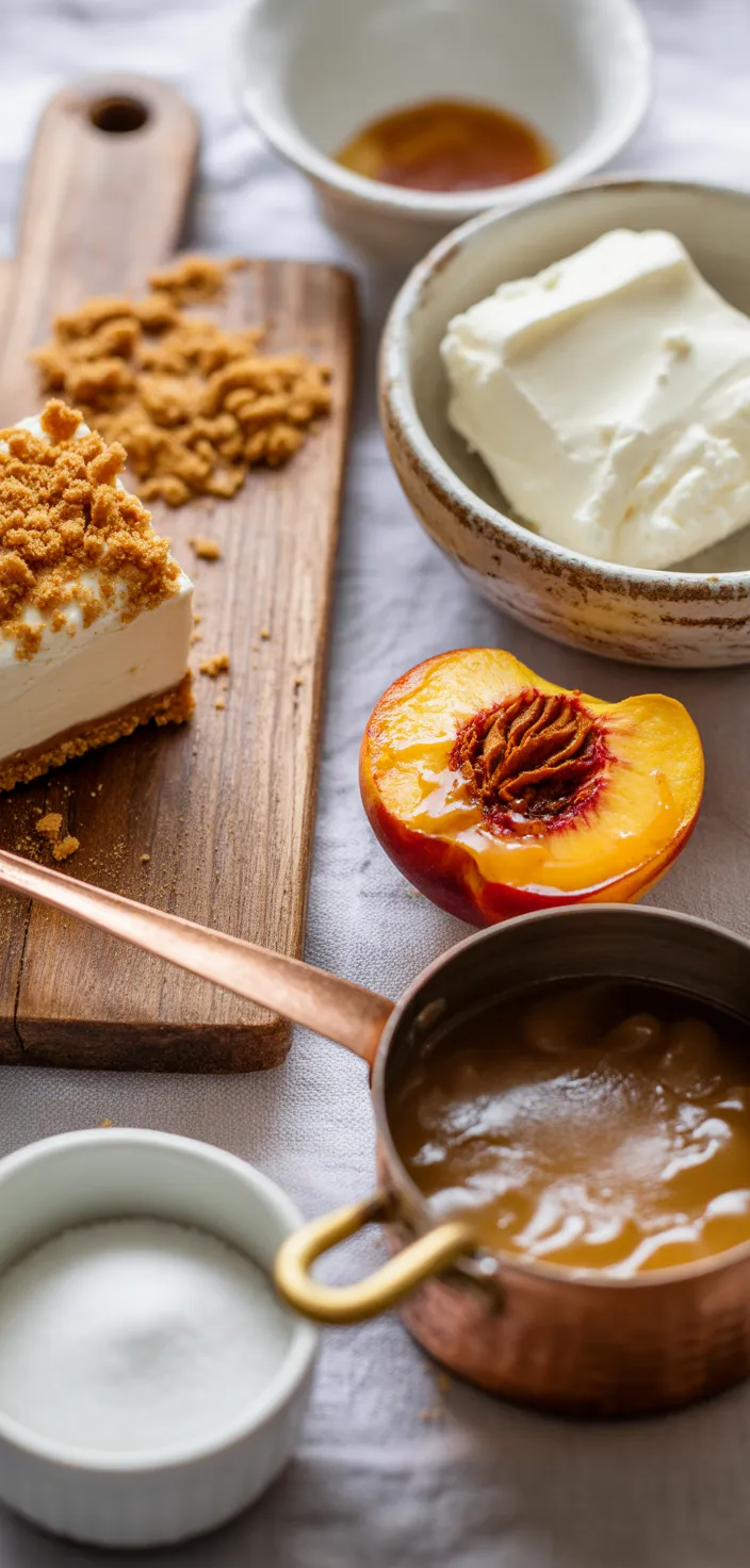 Ingredients photo for Bourbon & Roasted Peach Cheesecake With Caramel Sauce Recipe